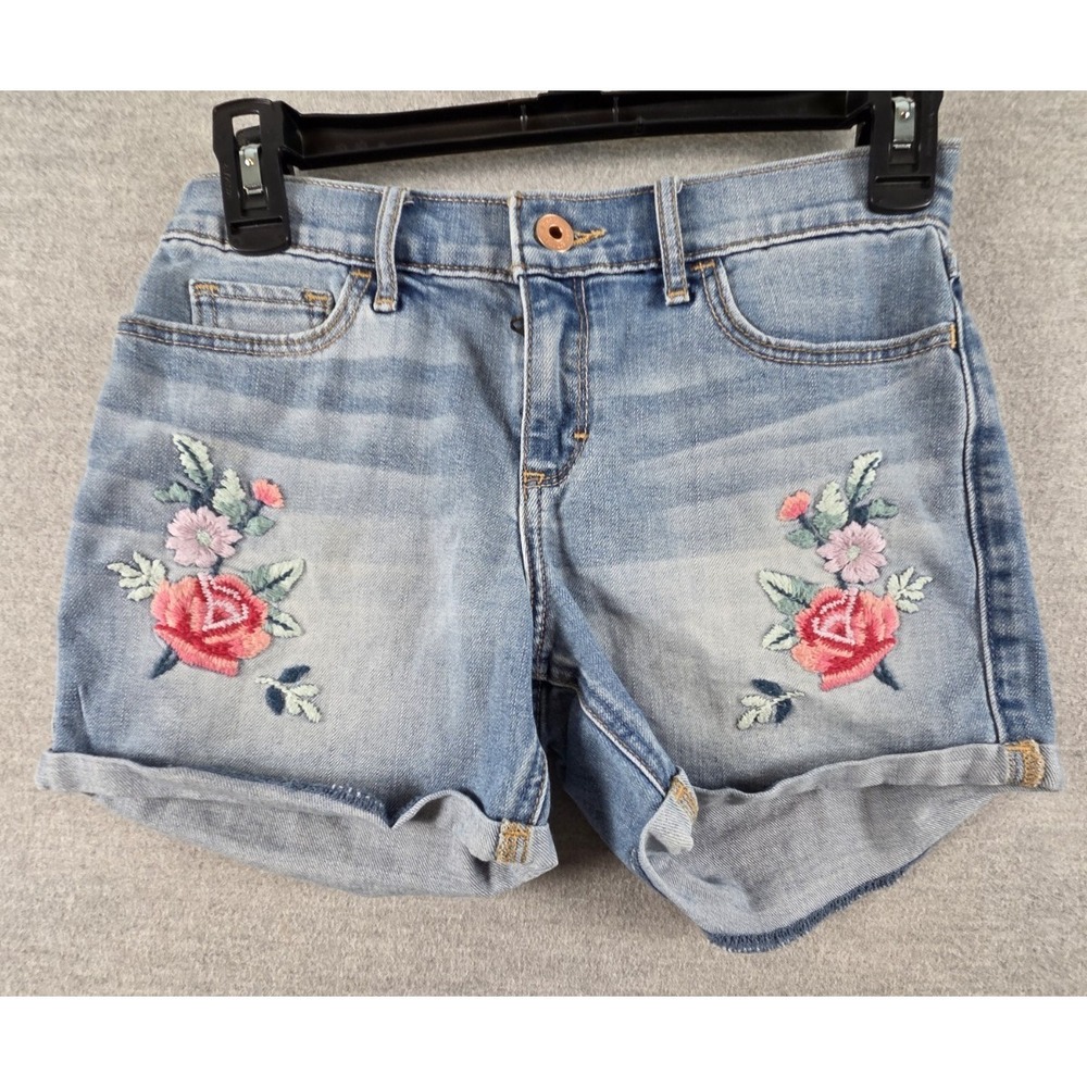 Abercrombie & Fitch Kids Midi Jean Short 13/14 Embroidered Flowers Light Wash